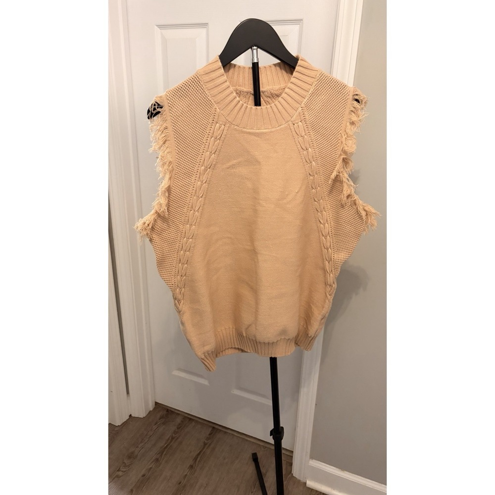 Cable Knit Sweater Vest Khaki Fringe Trim Mock Neck Pullover Boho XL Chunky EUC